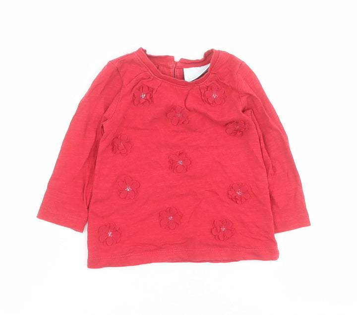 NEXT Baby Red  100% Cotton Pullover T-Shirt Size 6-9 Months Round Neck Button - Flowers