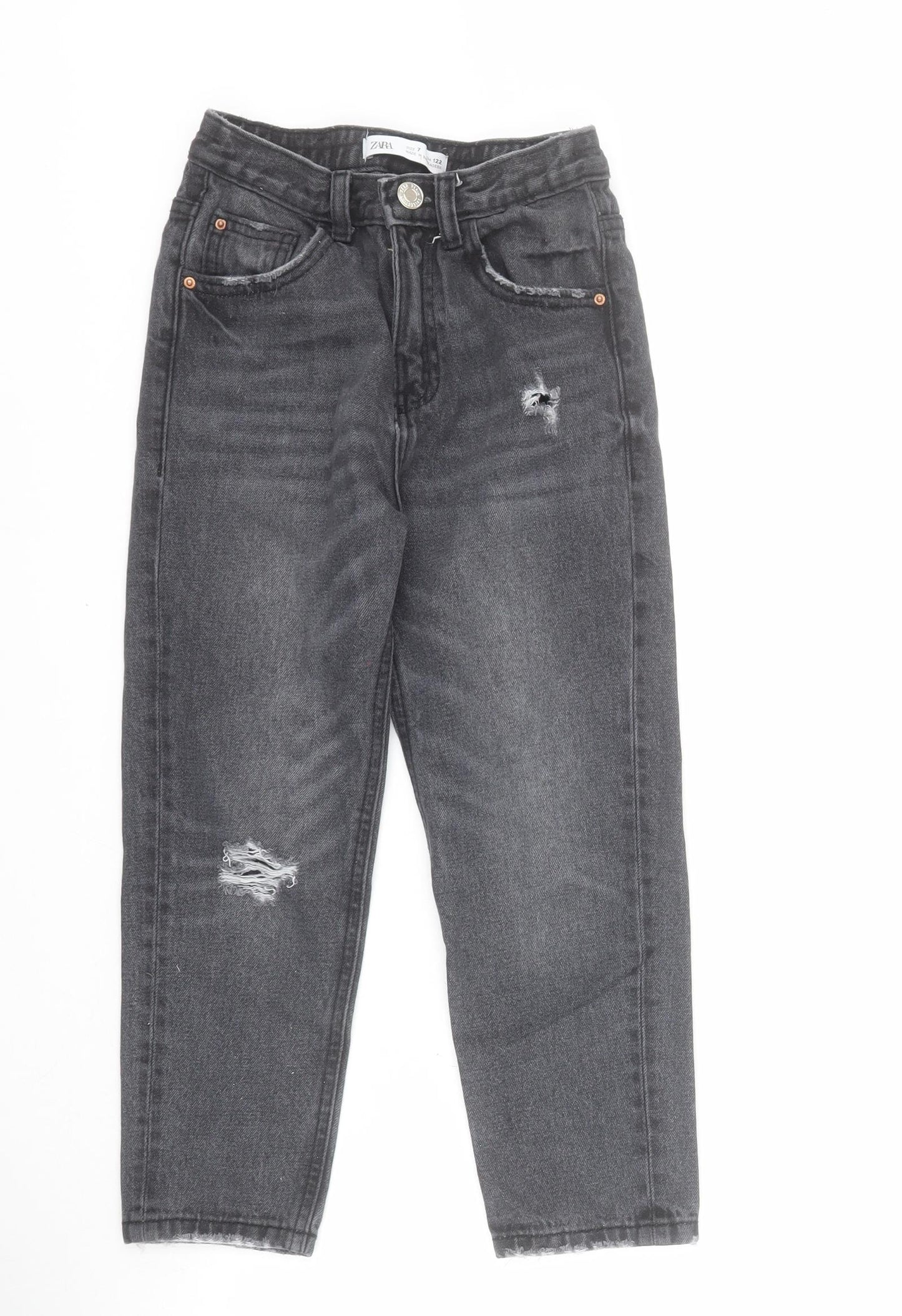 Zara Girls Black  100% Cotton Straight Jeans Size 7 Years  Regular Zip - Distressed