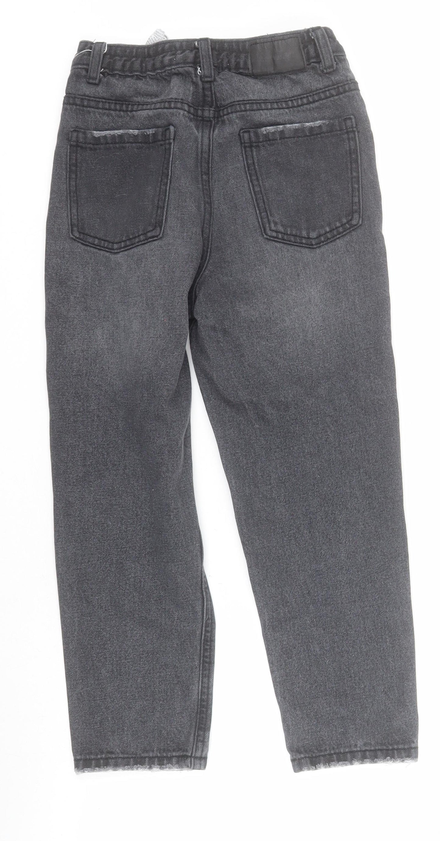 Zara Girls Black  100% Cotton Straight Jeans Size 7 Years  Regular Zip - Distressed