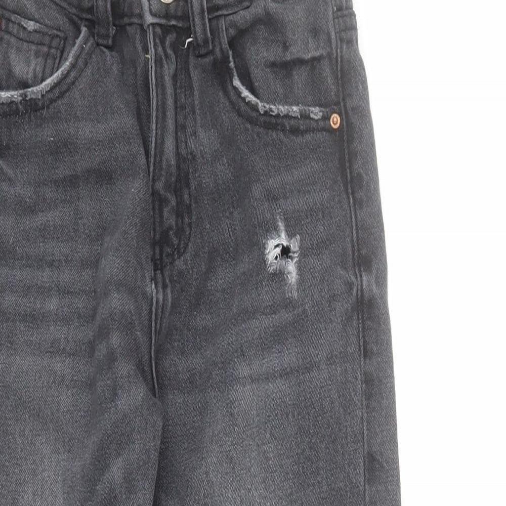 Zara Girls Black  100% Cotton Straight Jeans Size 7 Years  Regular Zip - Distressed