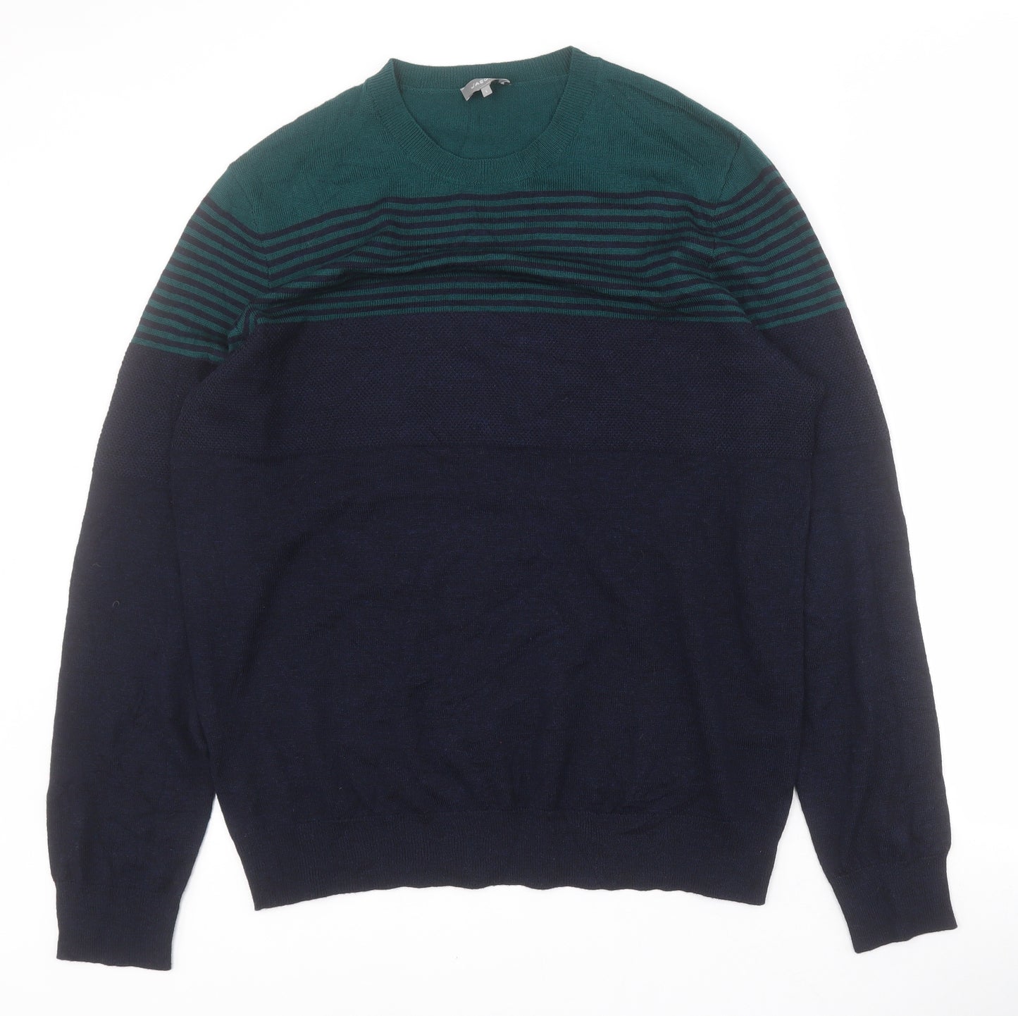 Jaeger Mens Blue Round Neck Striped Wool Pullover Jumper Size L