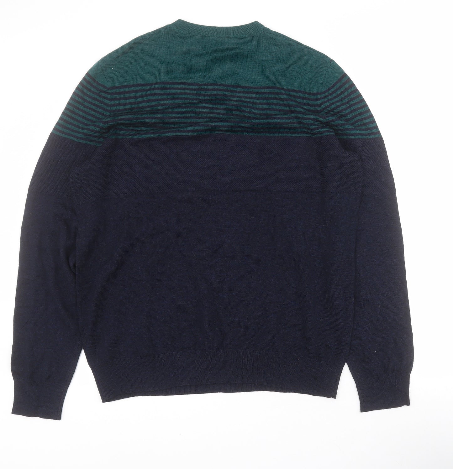 Jaeger Mens Blue Round Neck Striped Wool Pullover Jumper Size L