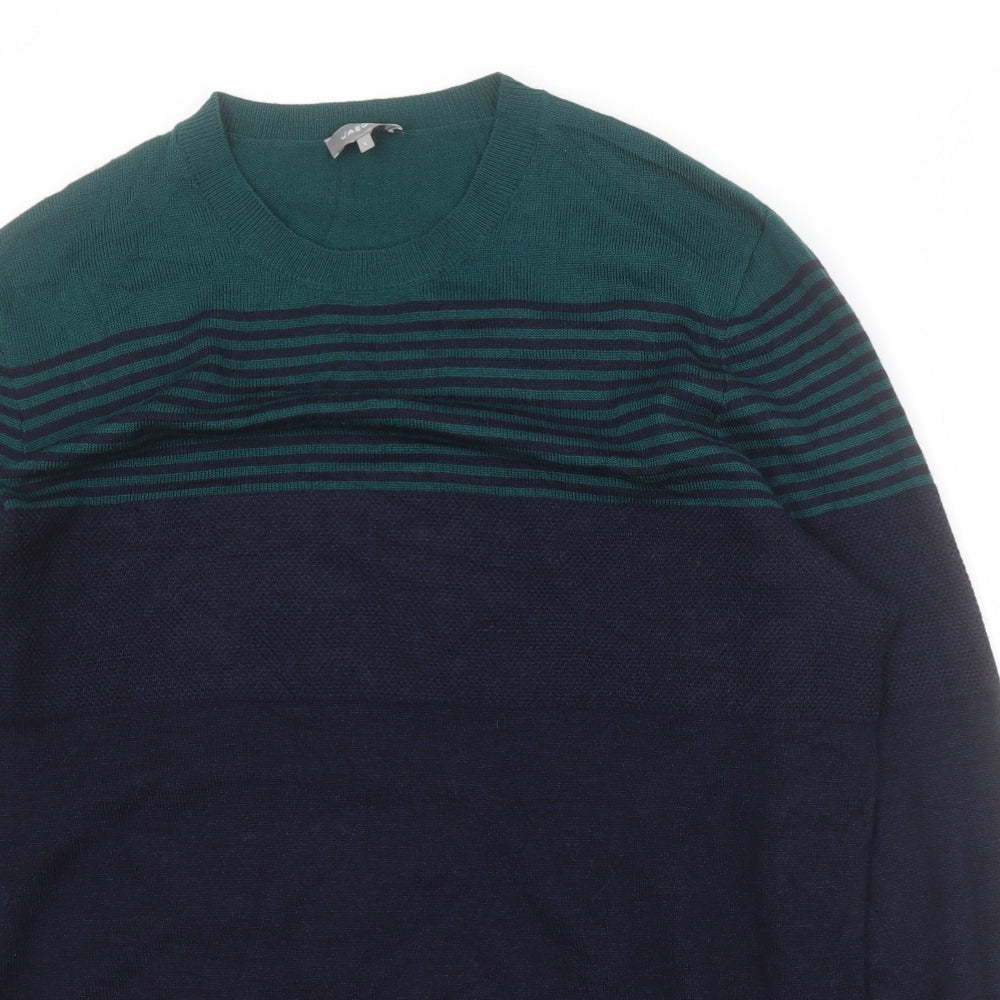 Jaeger Mens Blue Round Neck Striped Wool Pullover Jumper Size L