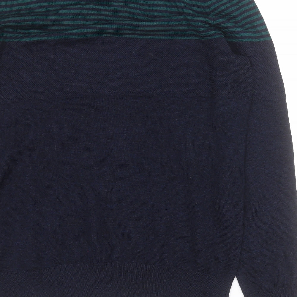 Jaeger Mens Blue Round Neck Striped Wool Pullover Jumper Size L
