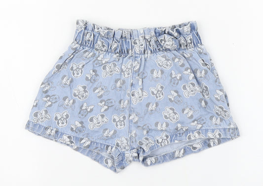 Front view of Disney girls’ blue geometric 100% cotton cropped trousers, size 12-18, months - minnie mouse