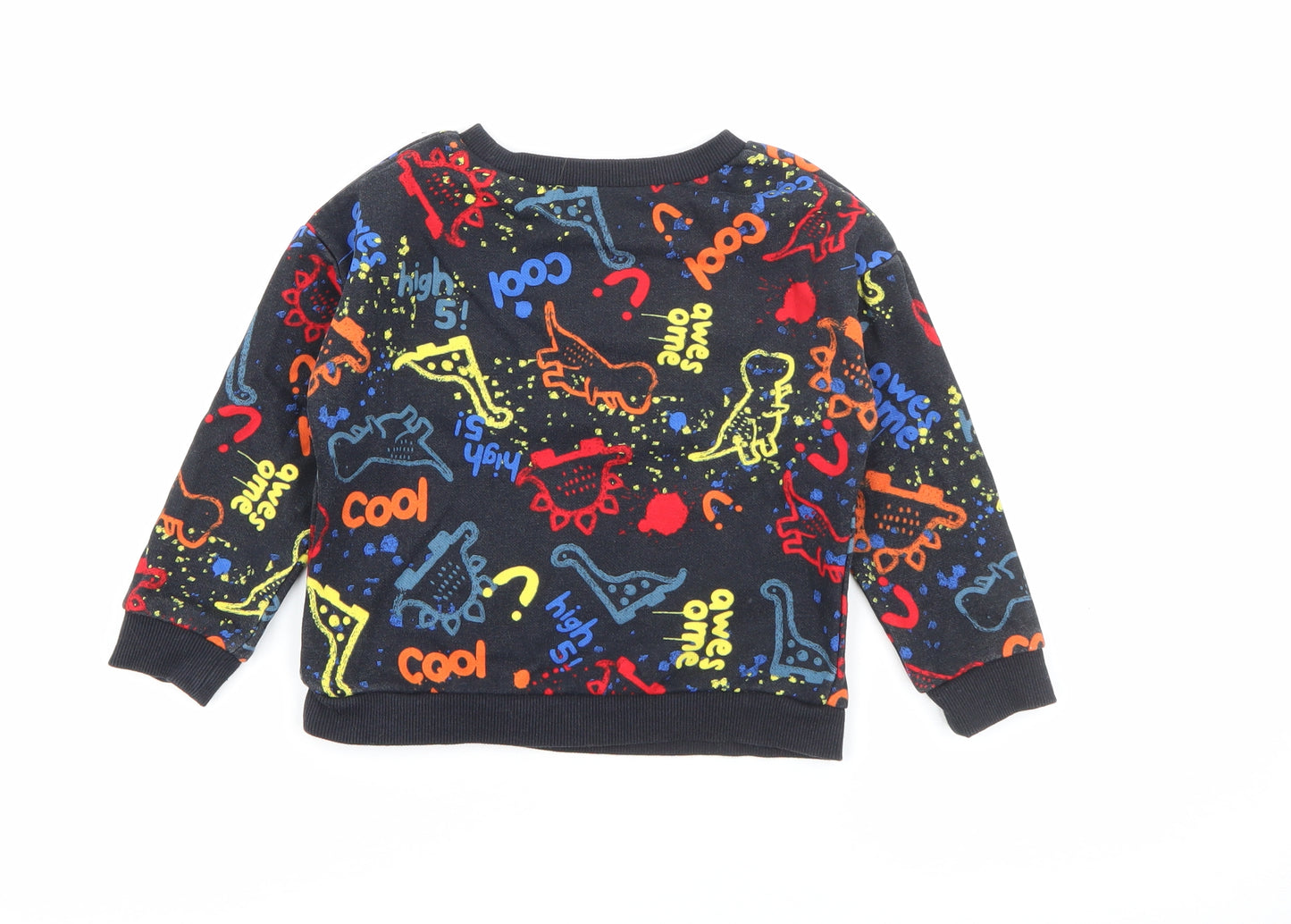 Dunnes Stores Boys Black Crew Neck Geometric Cotton Pullover Jumper Size 2-3 Years   - Dinosaur