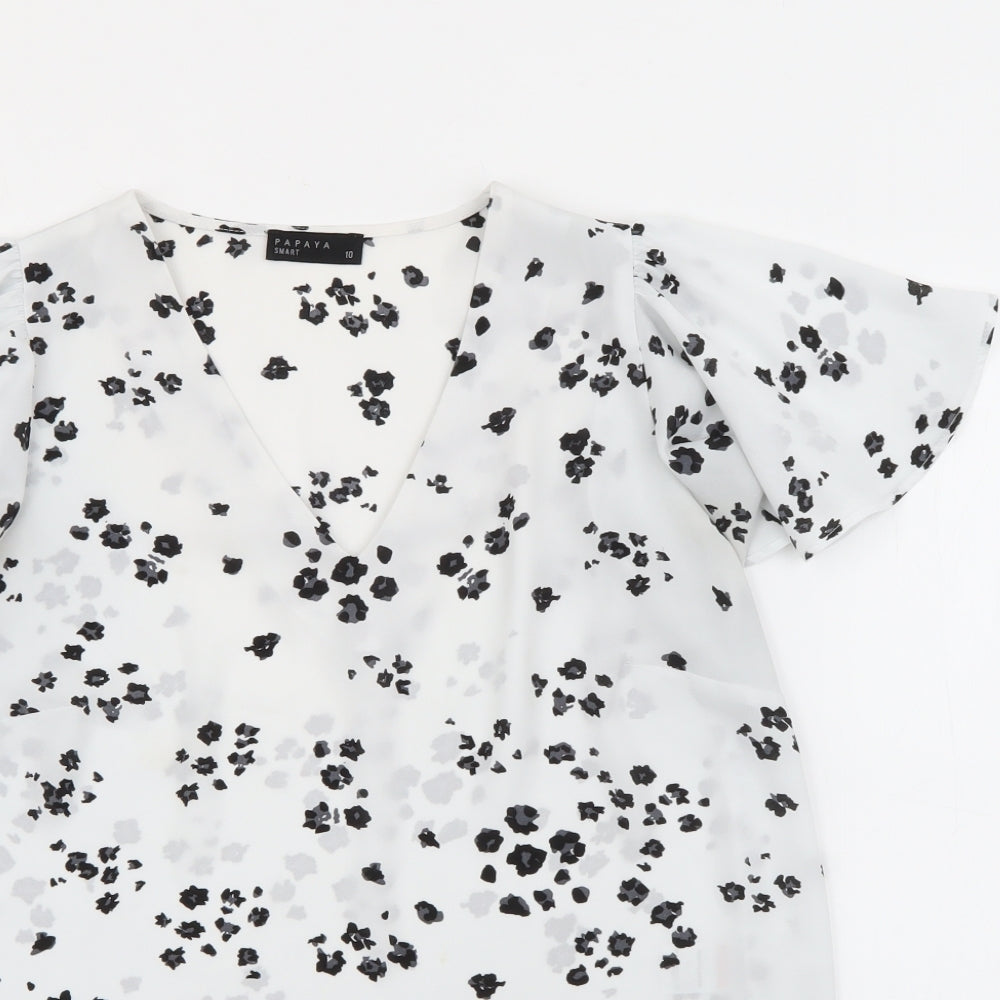 Papaya Womens White Floral Polyester Basic Blouse Size 10 V-Neck