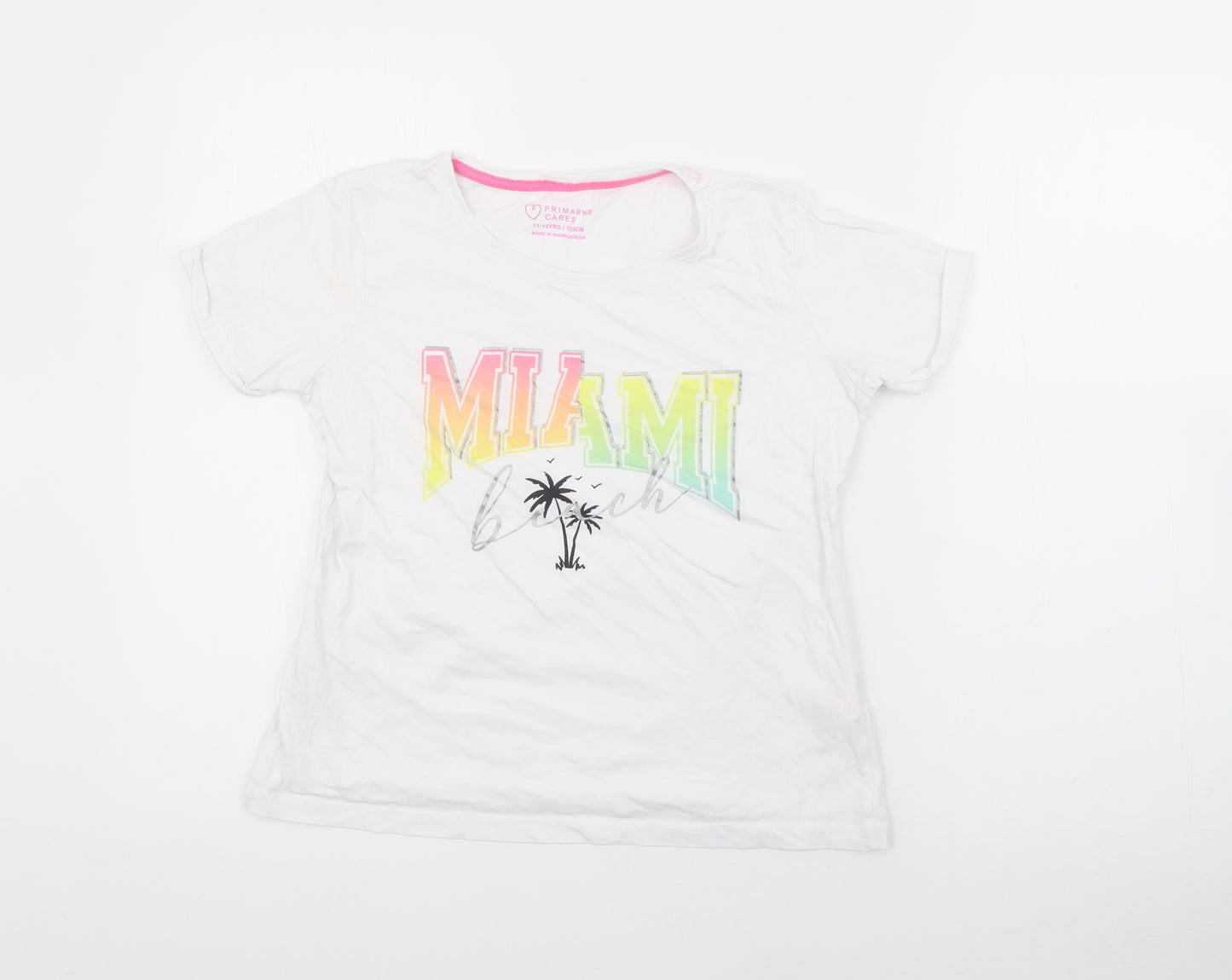 Primark Girls White  Cotton Pullover T-Shirt Size 11-12 Years Crew Neck  - Miami