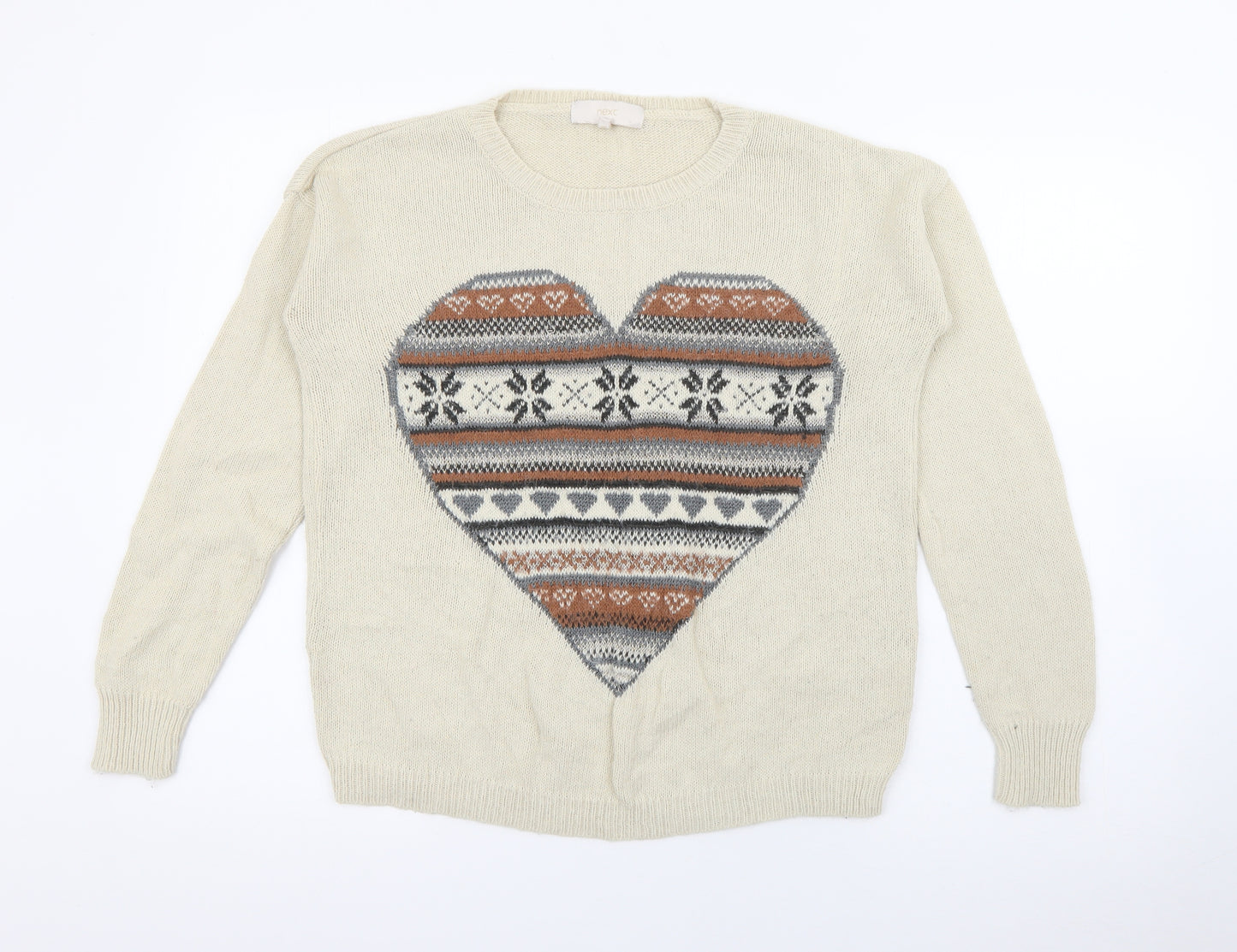 NEXT Womens Ivory Crew Neck Fair Isle Acrylic Pullover Jumper Size 8