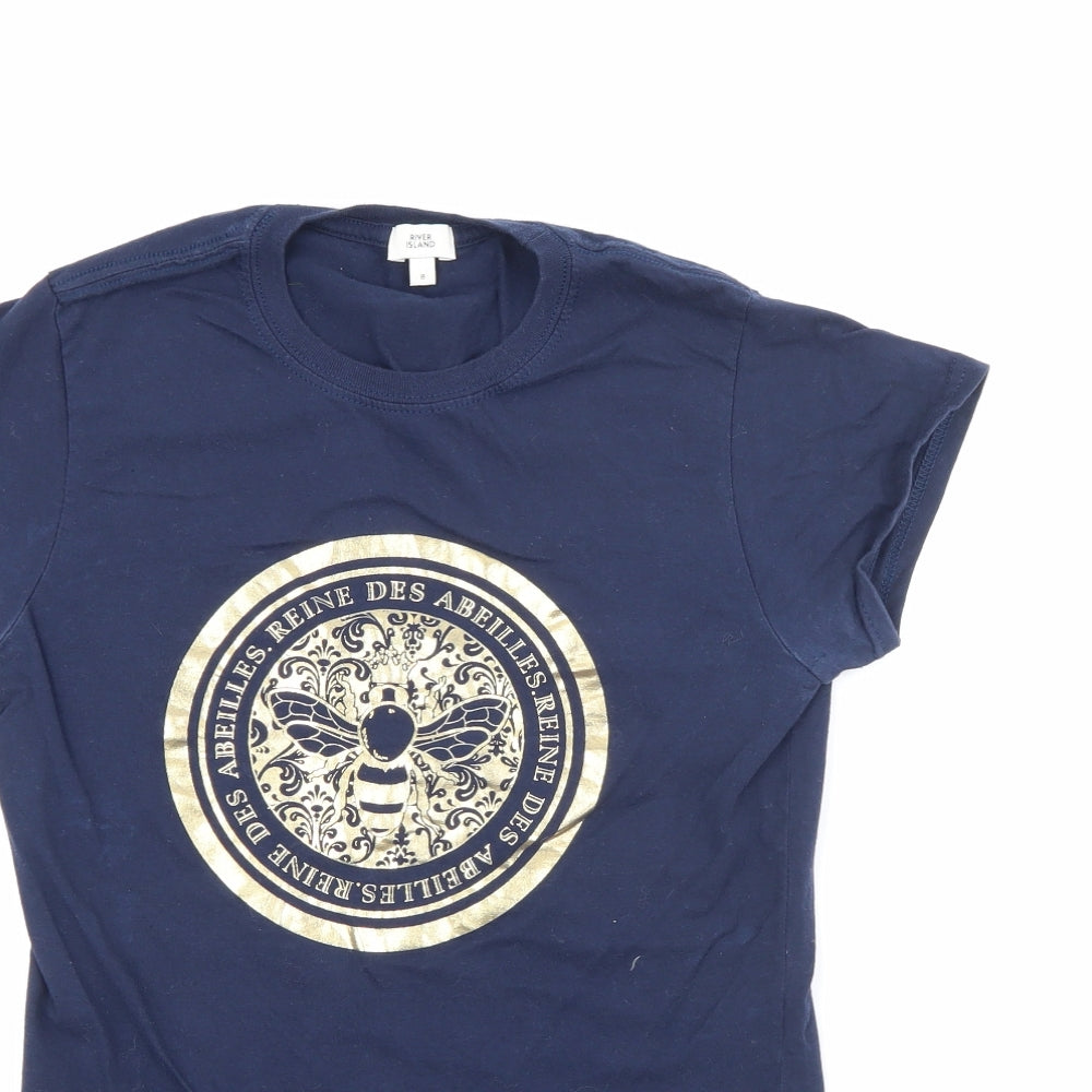 River Island Womens Blue  Cotton Basic T-Shirt Size 8 Crew Neck - Bee
