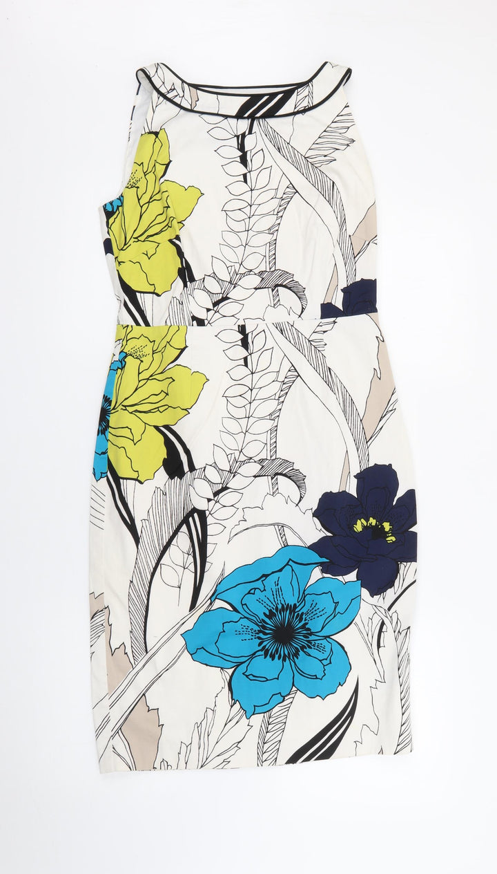 Coast Womens White Floral Cotton Pencil Dress Size 10 Boat Neck Zip