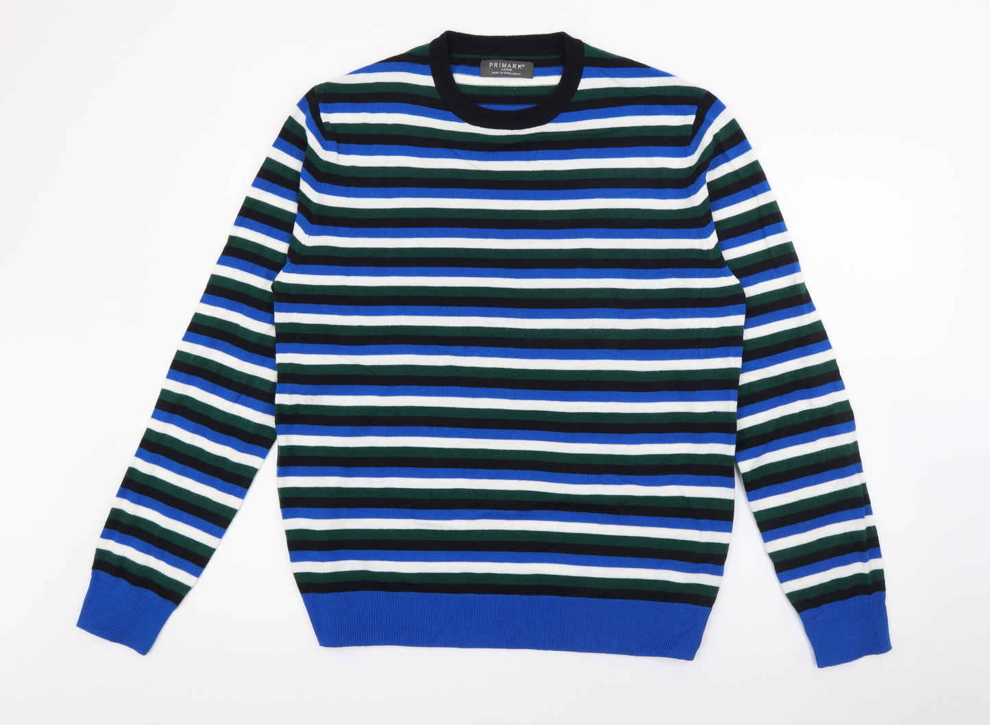 Primark Mens Blue Crew Neck Striped Acrylic Pullover Jumper Size L