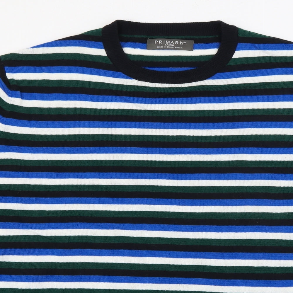 Primark Mens Blue Crew Neck Striped Acrylic Pullover Jumper Size L