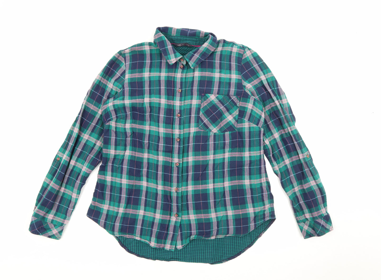 Marks and Spencer Womens Green Plaid Cotton Basic Button-Up Size 16 Collared