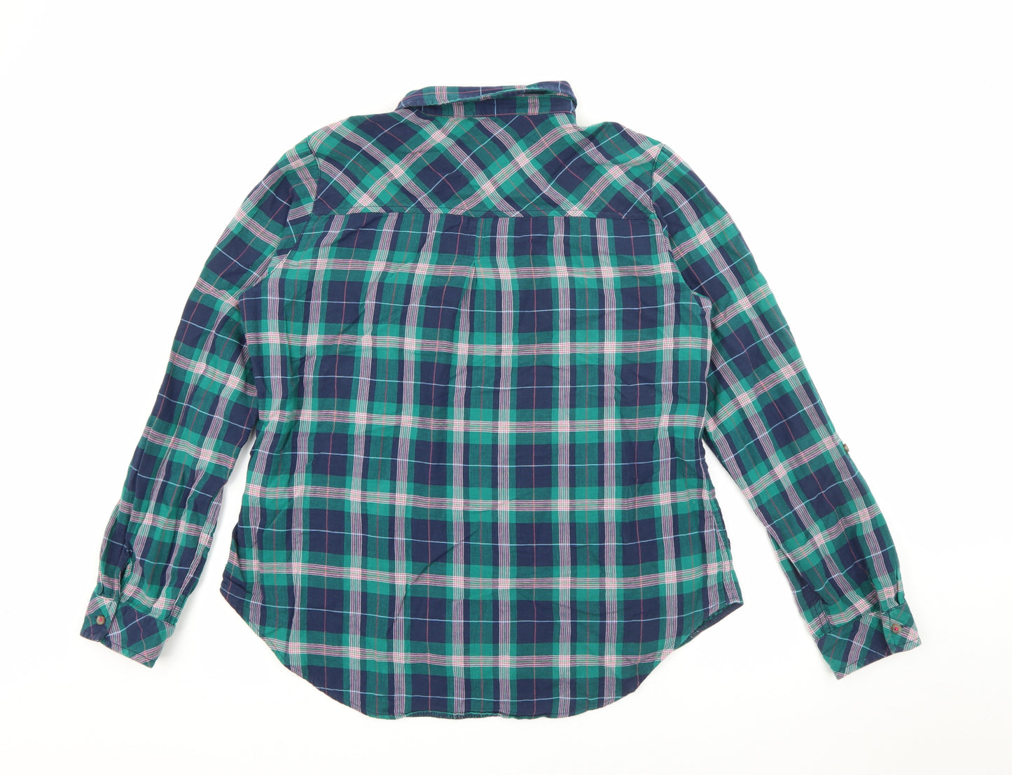 Marks and Spencer Womens Green Plaid Cotton Basic Button-Up Size 16 Collared