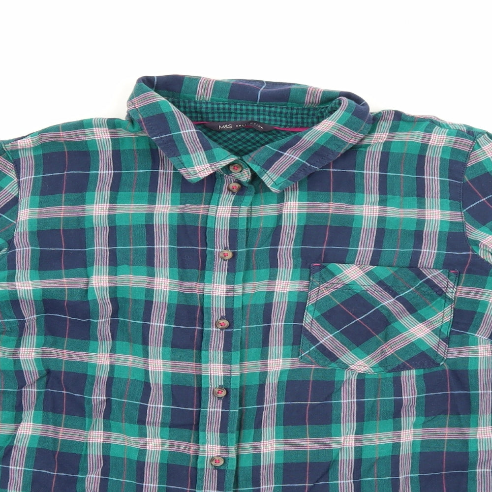 Marks and Spencer Womens Green Plaid Cotton Basic Button-Up Size 16 Collared