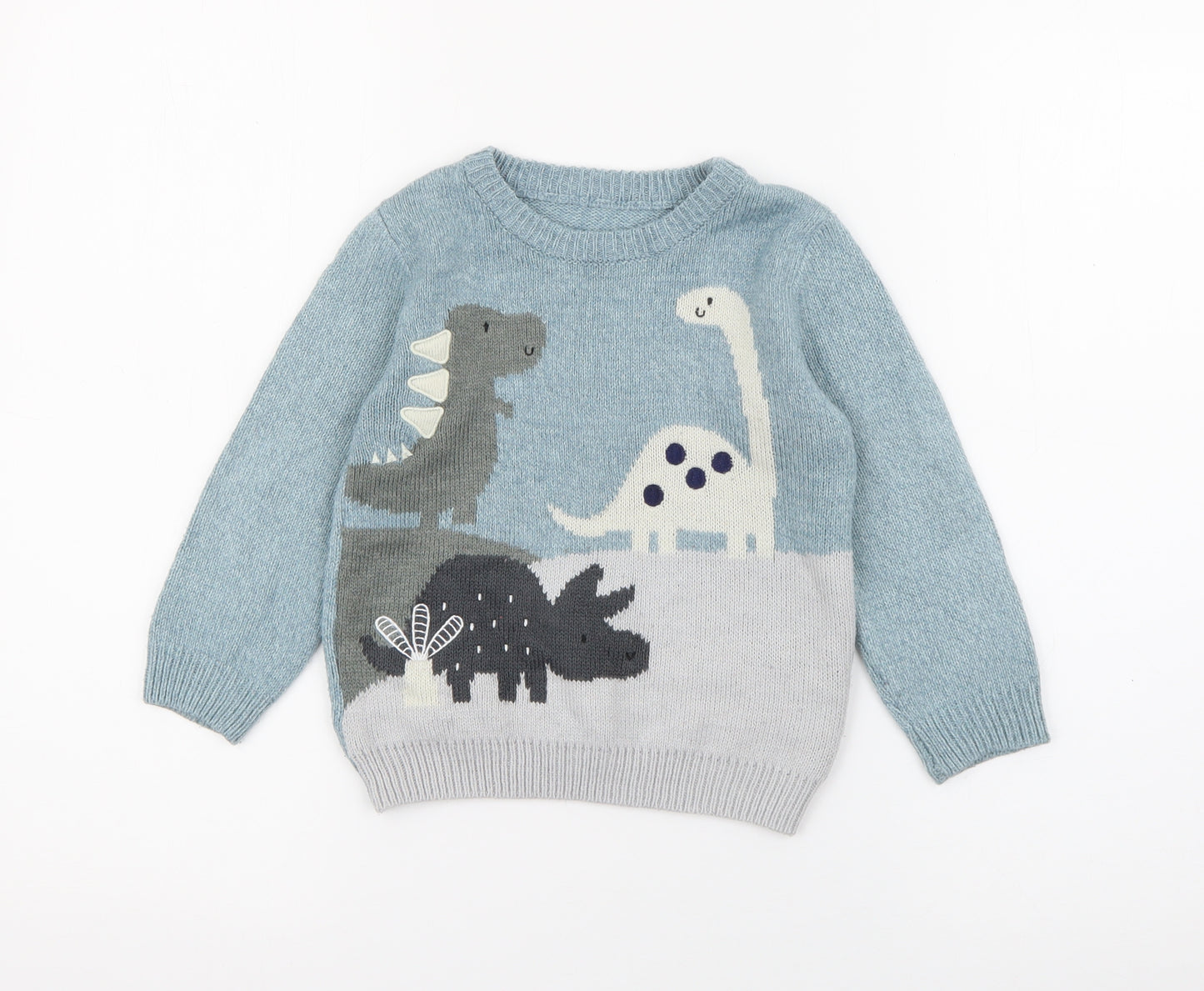 George Boys Blue Crew Neck  Acrylic Pullover Jumper Size 2-3 Years   - Dinosaur
