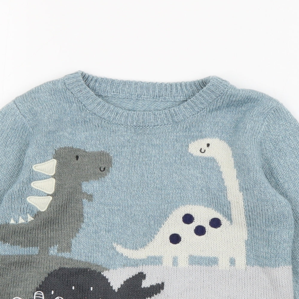 George Boys Blue Crew Neck  Acrylic Pullover Jumper Size 2-3 Years   - Dinosaur