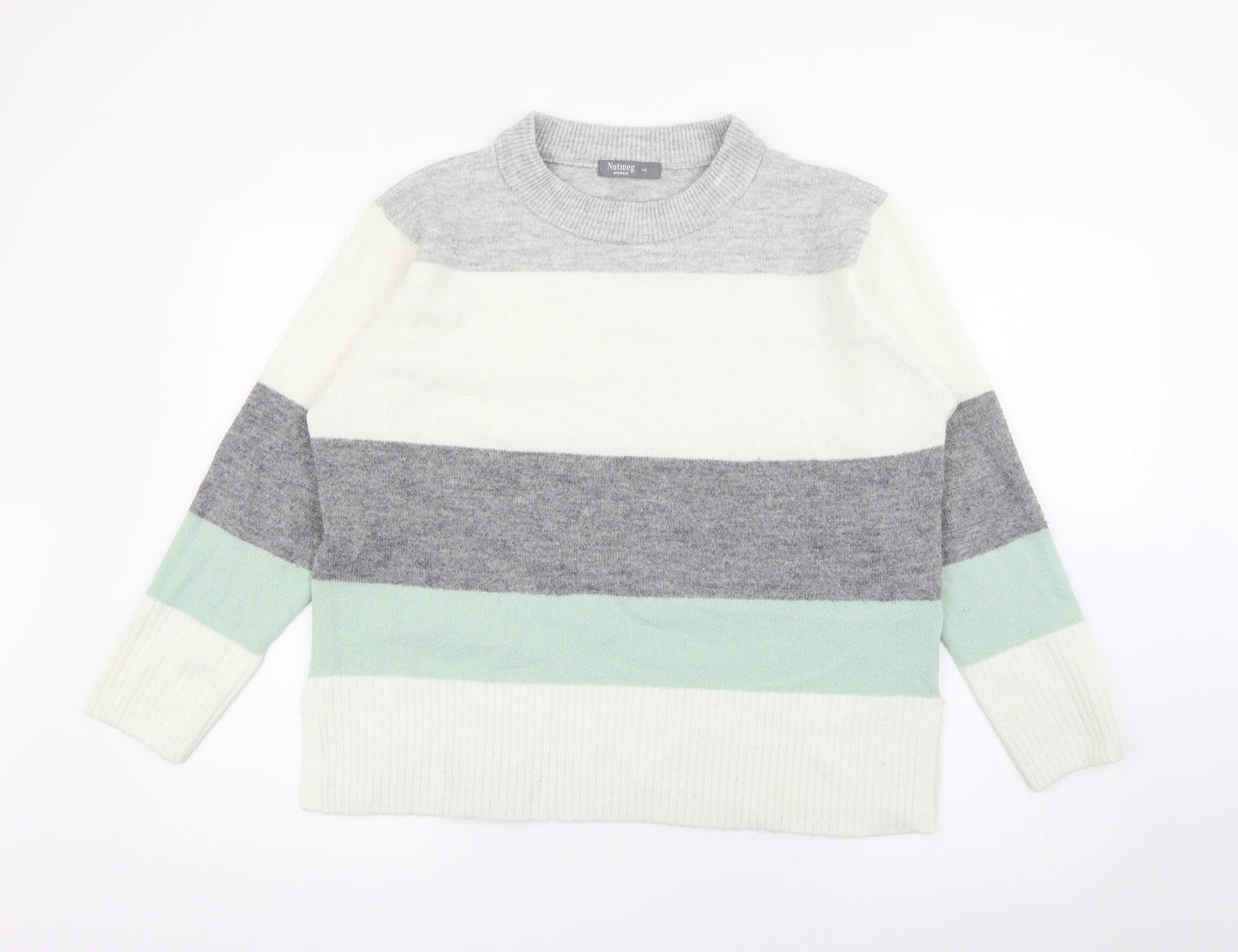 Nutmeg Womens Grey Crew Neck Striped Acrylic Pullover Jumper Size 14