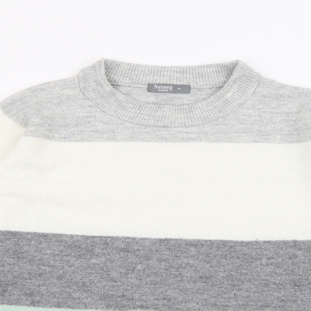 Nutmeg Womens Grey Crew Neck Striped Acrylic Pullover Jumper Size 14