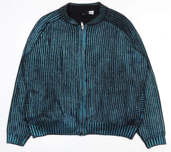 H&M Womens Blue Crew Neck  Acrylic Full Zip Jumper Size L