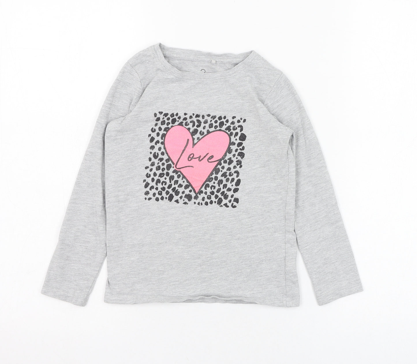 NEXT Girls Grey  Cotton Basic T-Shirt Size 6 Years Round Neck Pullover - Heart