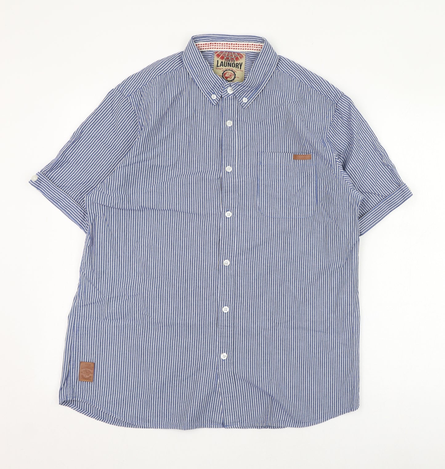 Tokyo Laundry Mens Blue Striped Cotton  Dress Shirt Size L Collared Button