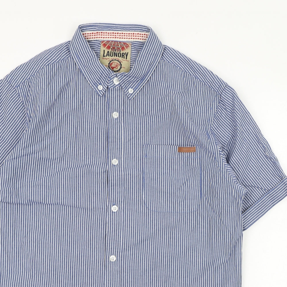 Tokyo Laundry Mens Blue Striped Cotton  Dress Shirt Size L Collared Button