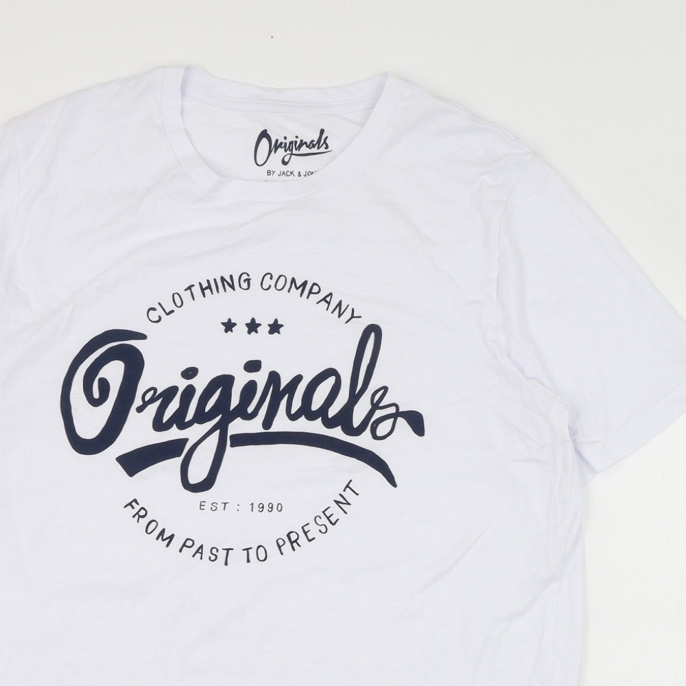 JACK & JONES Mens White  Cotton  T-Shirt Size L Round Neck