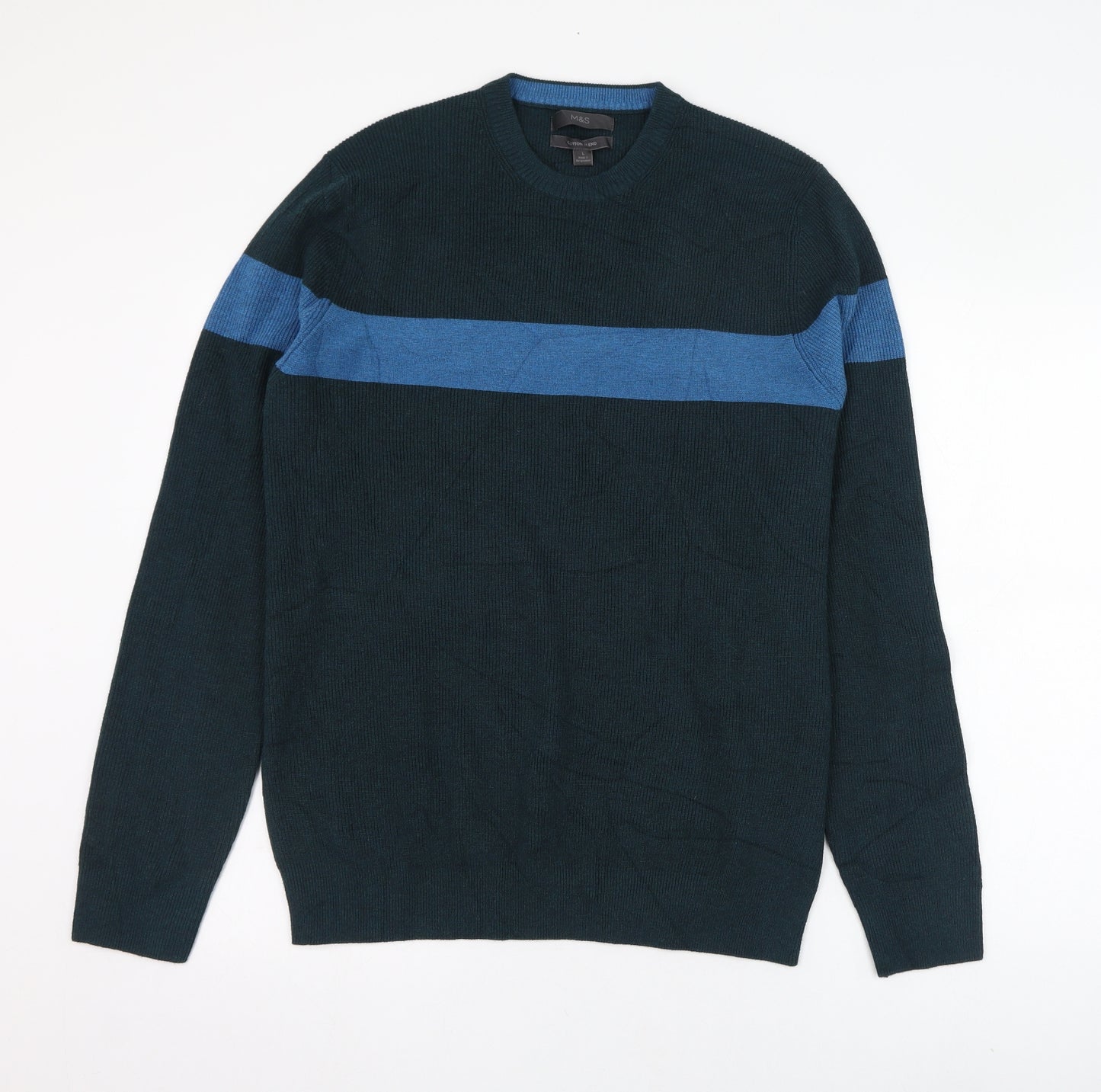 Marks and Spencer Mens Green Round Neck Striped Polyester Pullover Jumper Size L