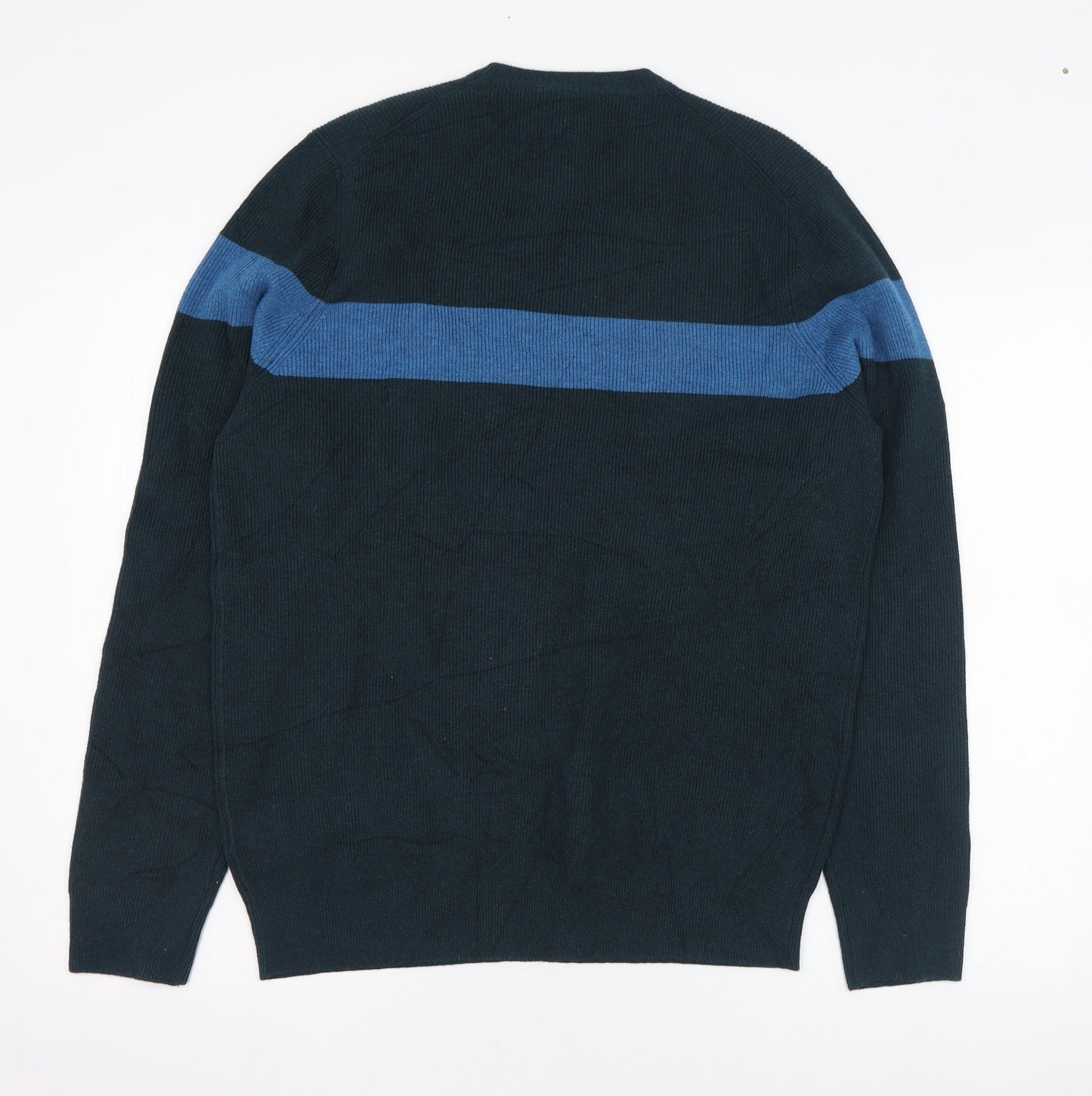 Marks and Spencer Mens Green Round Neck Striped Polyester Pullover Jumper Size L