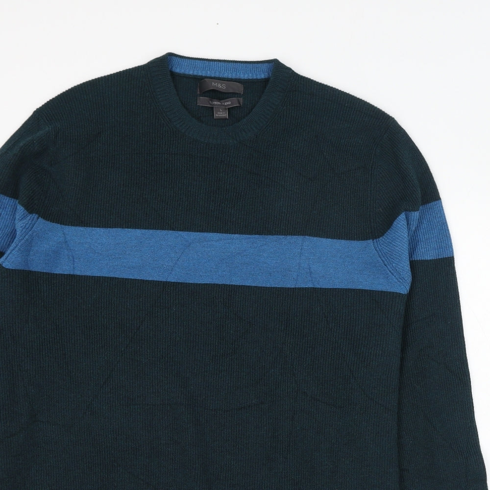 Marks and Spencer Mens Green Round Neck Striped Polyester Pullover Jumper Size L