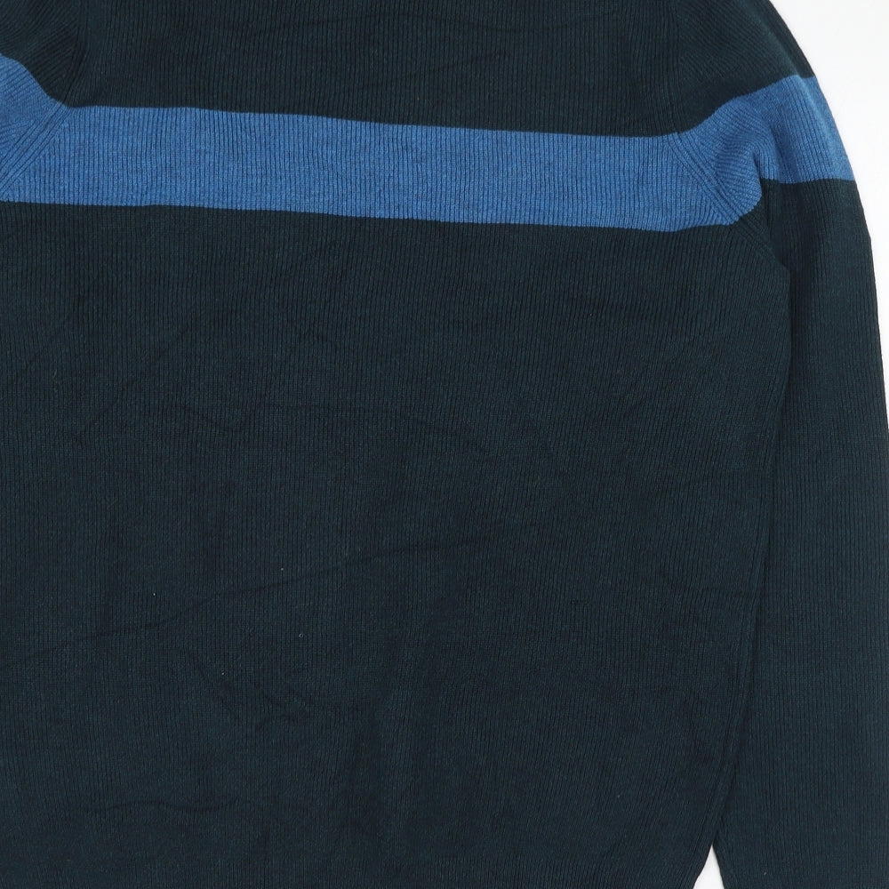 Marks and Spencer Mens Green Round Neck Striped Polyester Pullover Jumper Size L