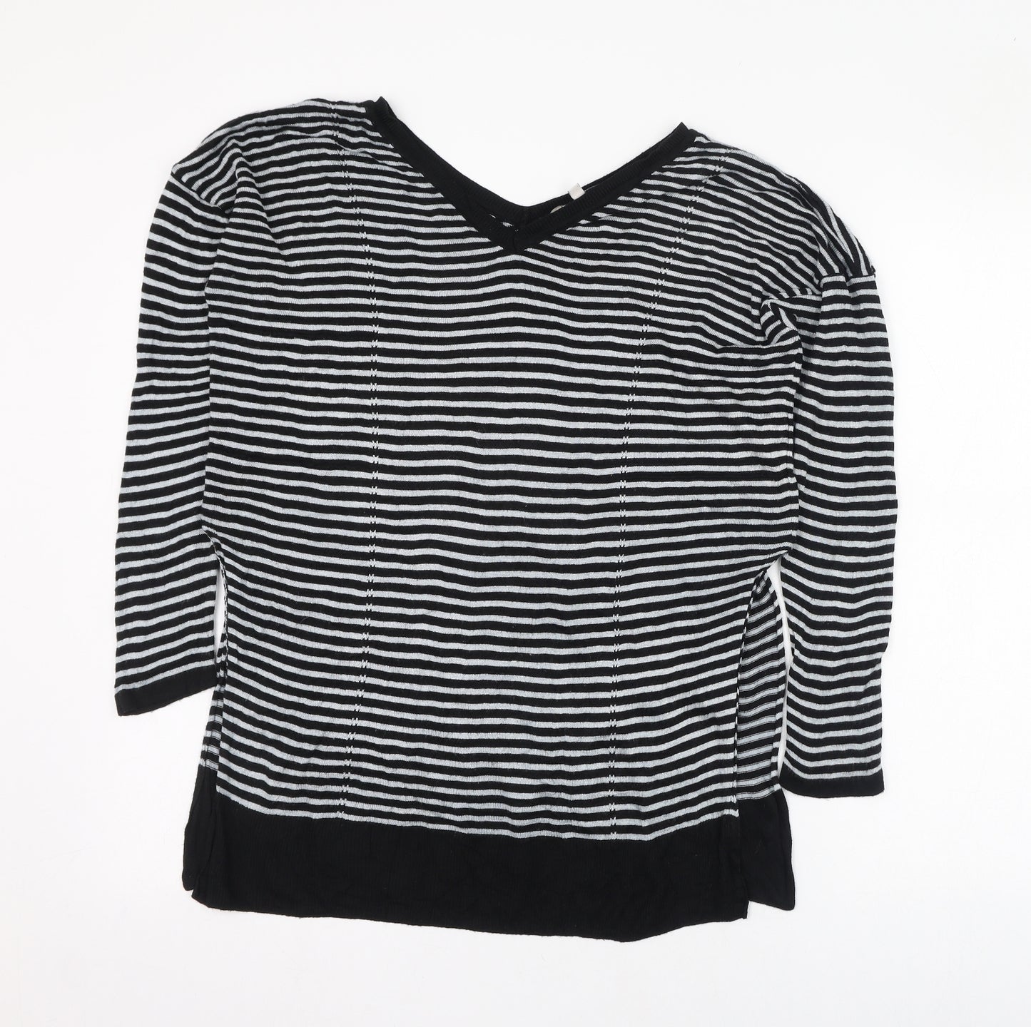 Preworn Womens Black V-Neck Striped Polyester Pullover Jumper Size 12