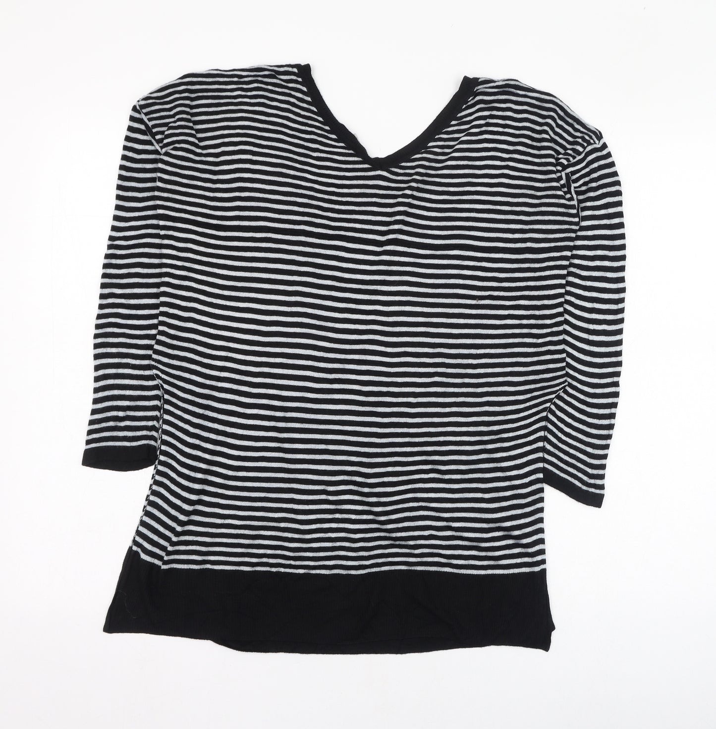 Preworn Womens Black V-Neck Striped Polyester Pullover Jumper Size 12