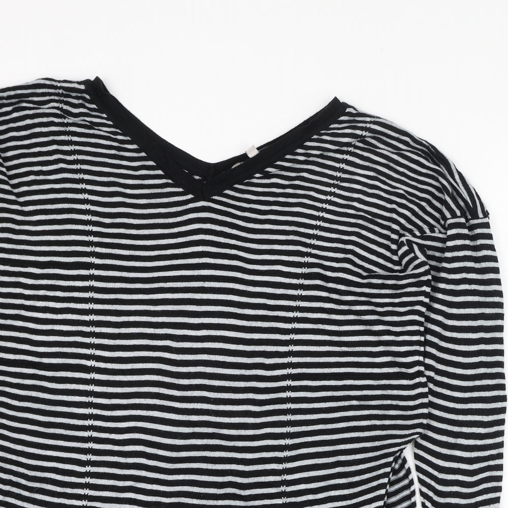 Preworn Womens Black V-Neck Striped Polyester Pullover Jumper Size 12