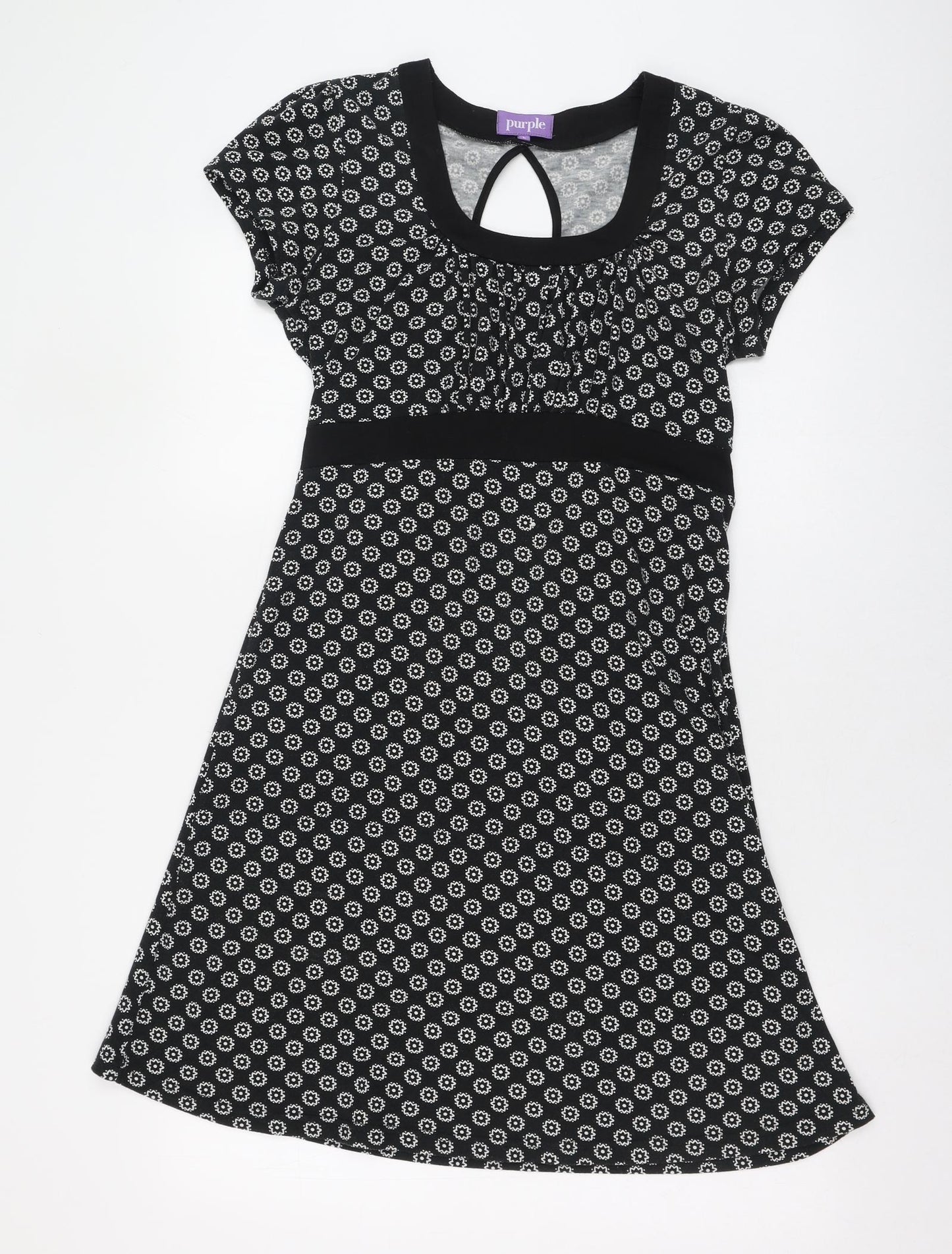 Purple Womens Black Geometric Viscose Skater Dress  Size L  Round Neck Pullover