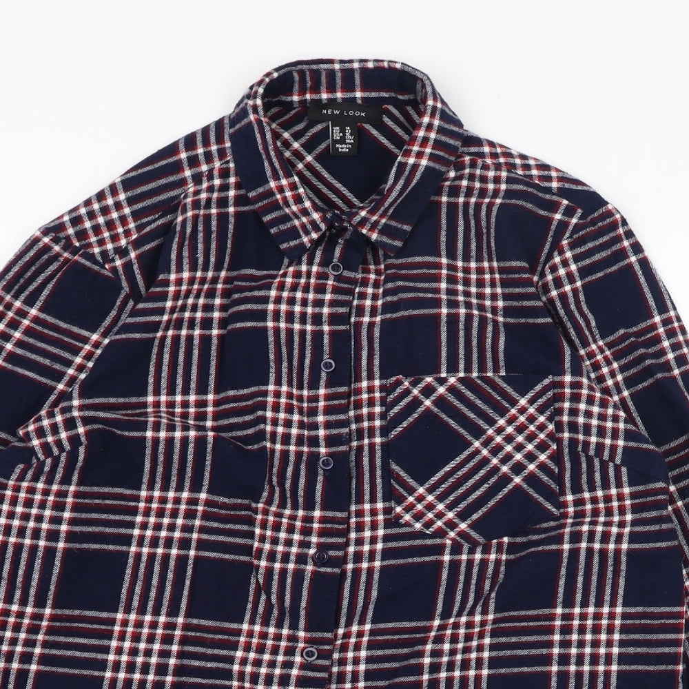 New Look Womens Blue Check Cotton Basic Button-Up Size 14 Collared