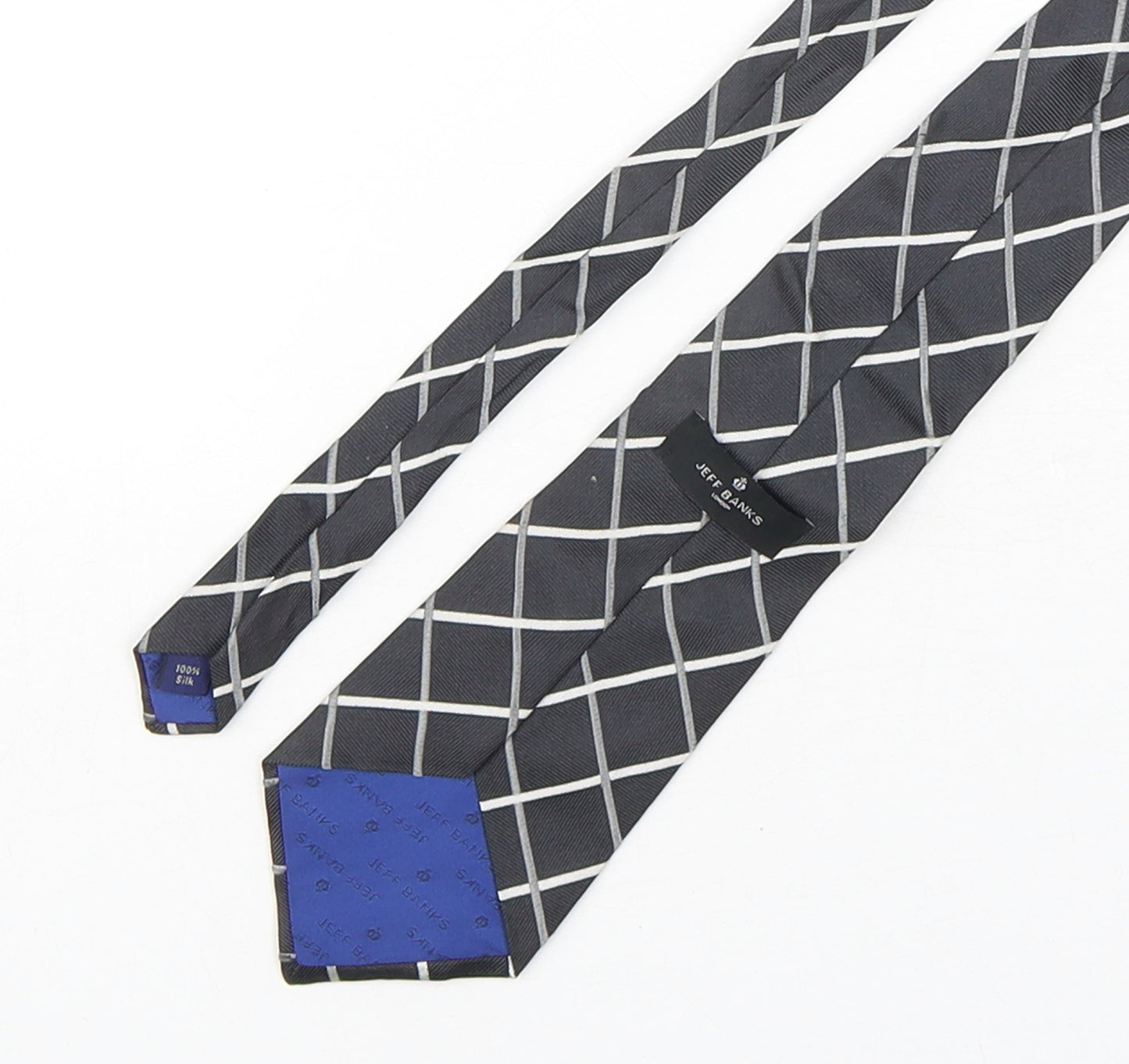 Jeff Banks  Mens Grey Plaids & Checks Silk Pointed Tie One Size