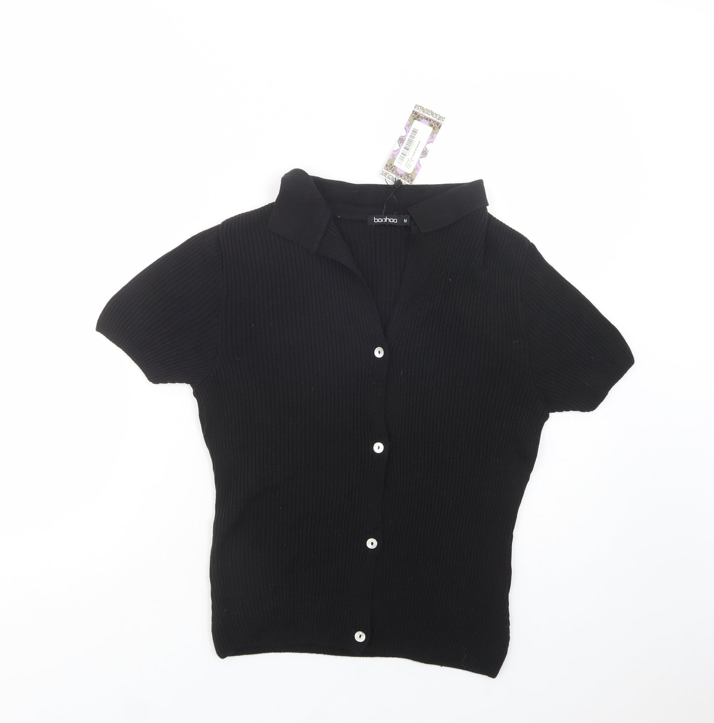 Boohoo Womens Black  Acrylic Basic Button-Up Size M Collared