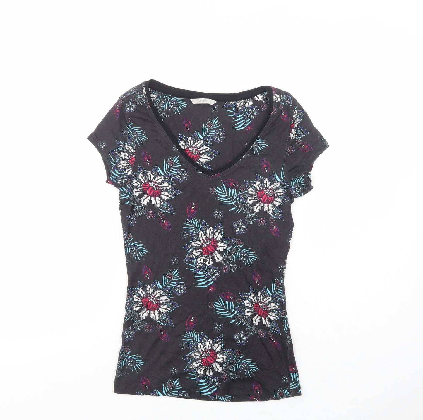 George Womens Black Floral Cotton Basic T-Shirt Size 8 V-Neck