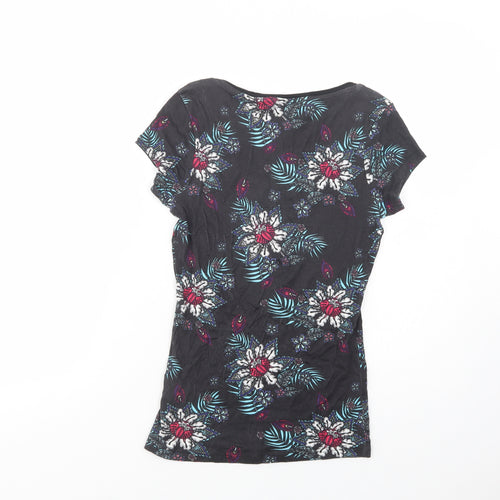 George Womens Black Floral Cotton Basic T-Shirt Size 8 V-Neck