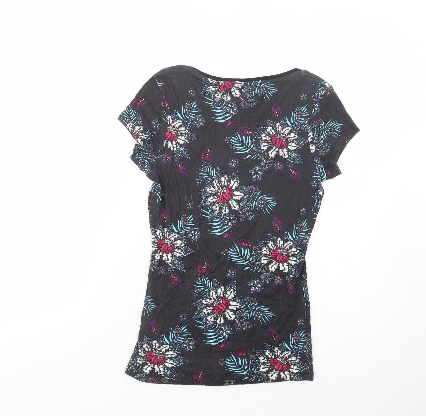 George Womens Black Floral Cotton Basic T-Shirt Size 8 V-Neck