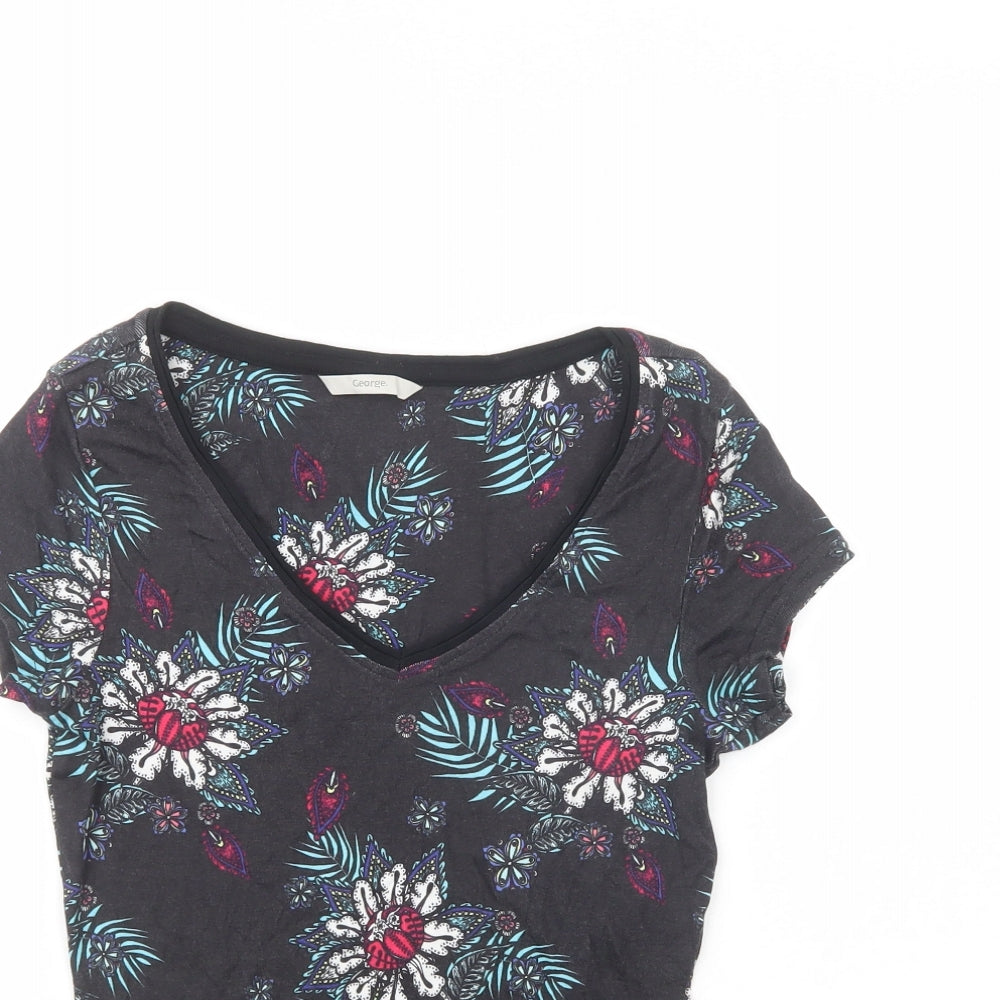 George Womens Black Floral Cotton Basic T-Shirt Size 8 V-Neck