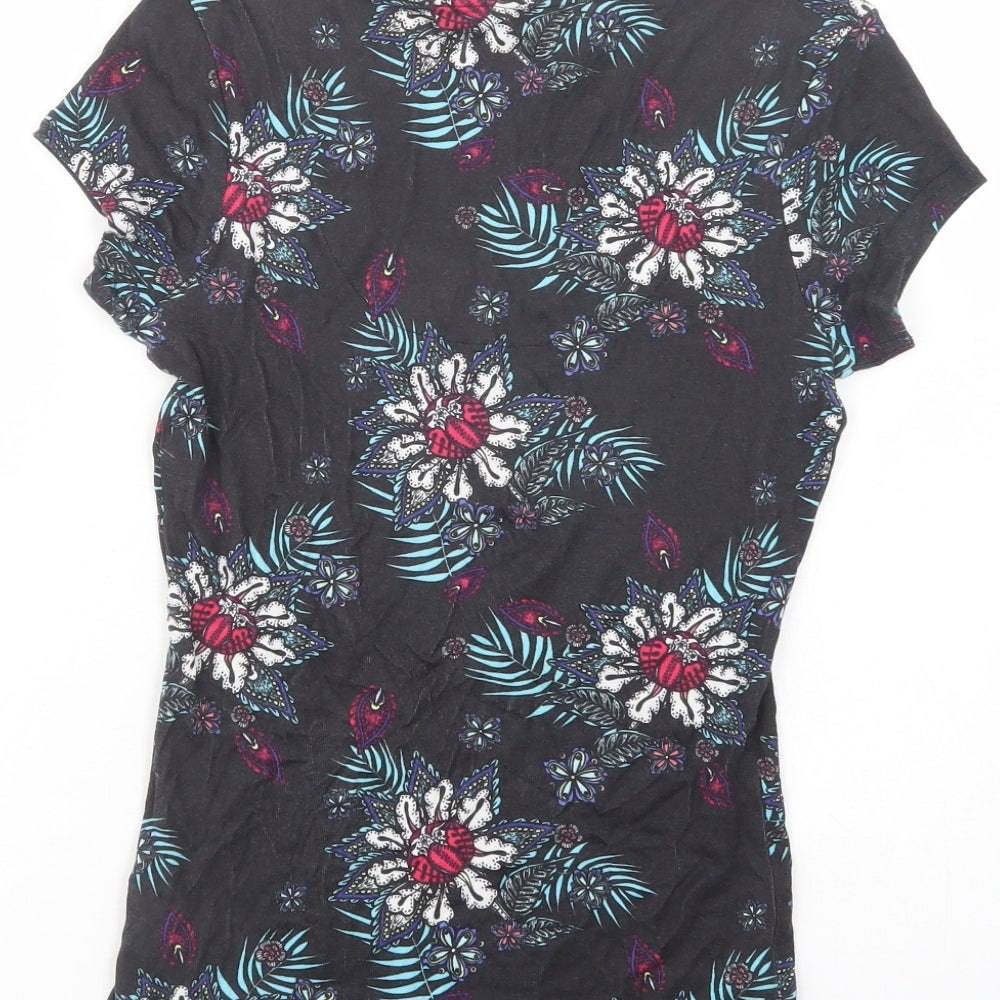 George Womens Black Floral Cotton Basic T-Shirt Size 8 V-Neck