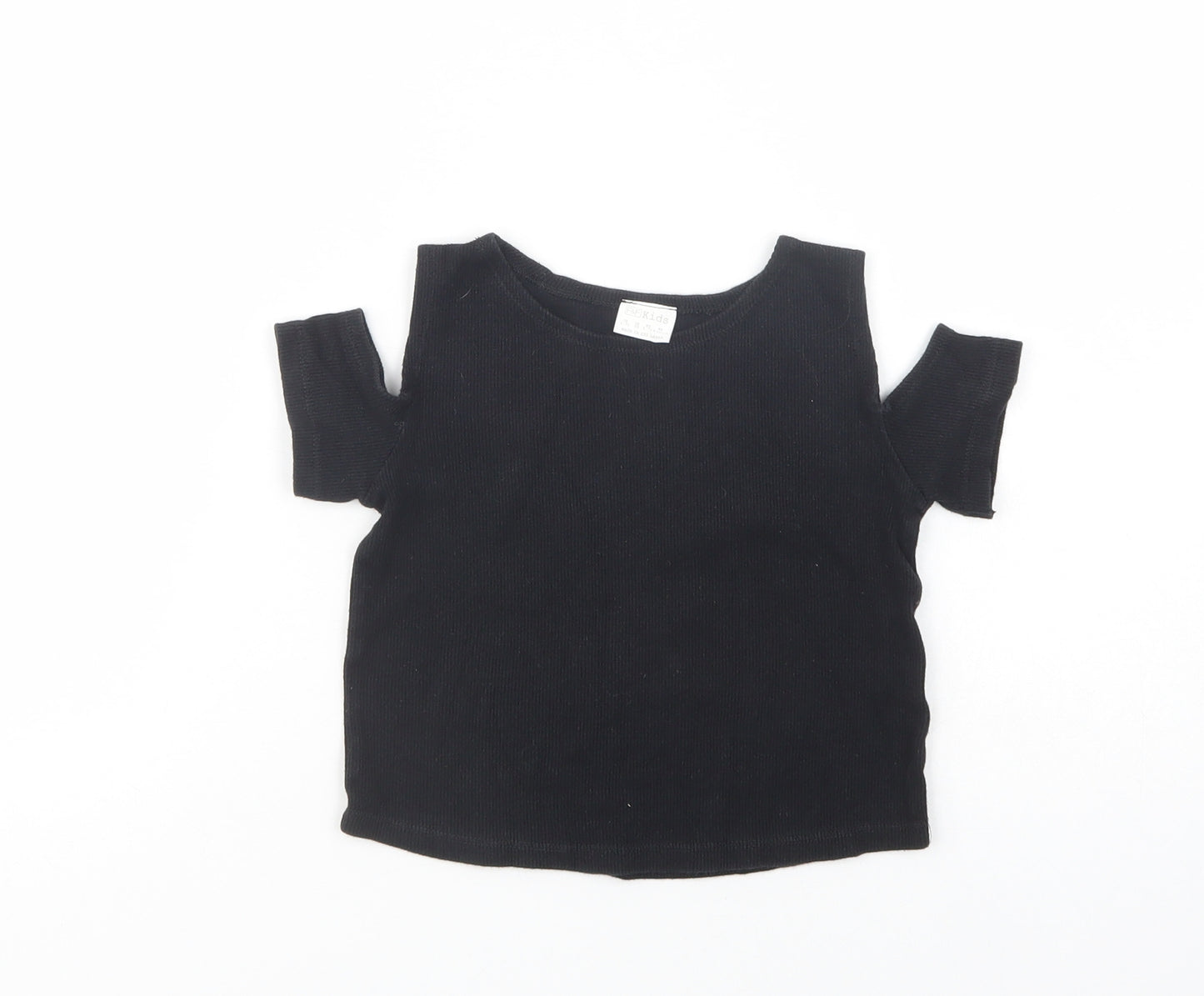F&F Girls Black  Cotton Cropped T-Shirt Size 6-7 Years Crew Neck Pullover - Cold Shoulder