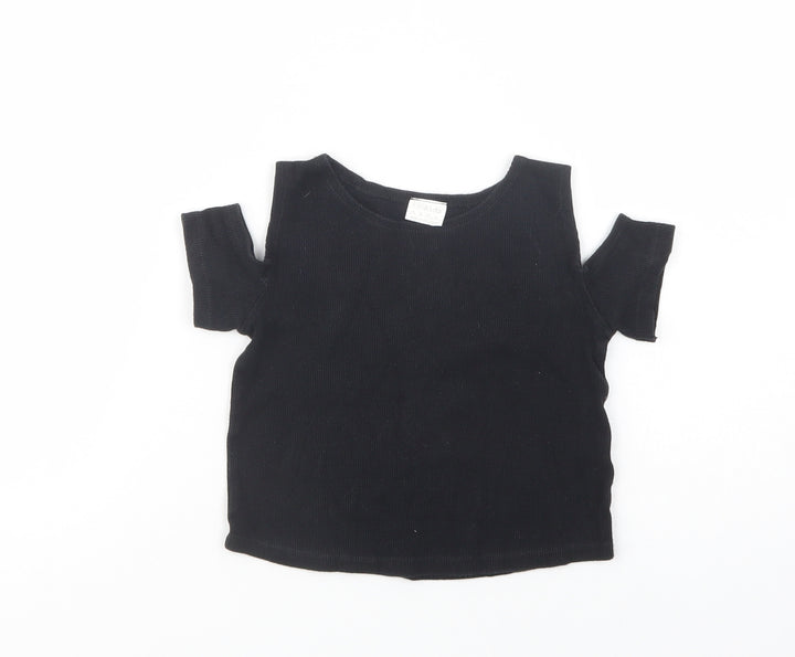 F&F Girls Black Cotton Cropped T-Shirt Size 6-7 Years Crew Neck Pullover - Cold Shoulder