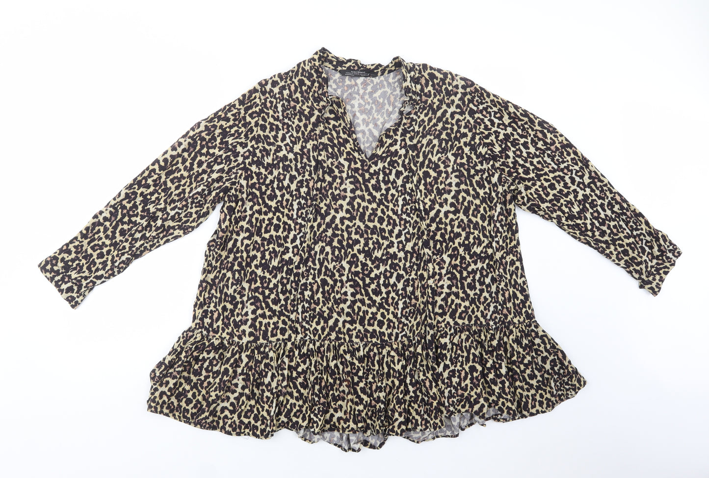 Zara Womens Beige Animal Print Viscose Basic Blouse Size S V-Neck