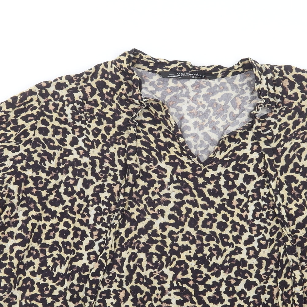 Zara Womens Beige Animal Print Viscose Basic Blouse Size S V-Neck