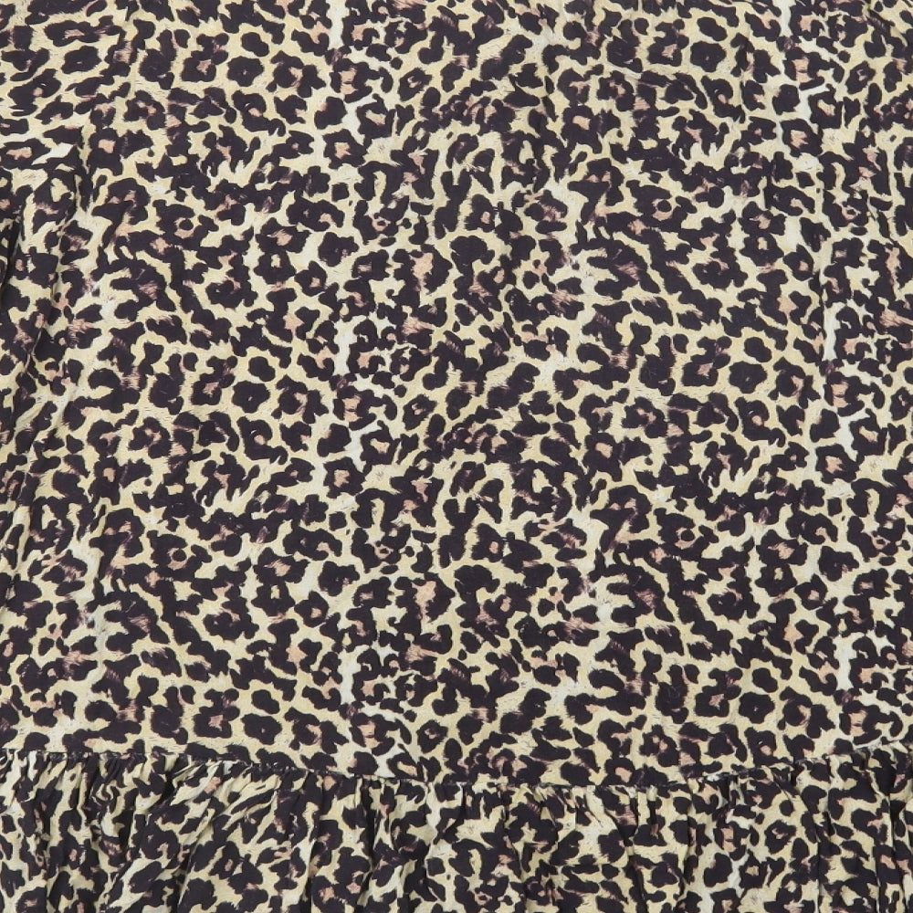 Zara Womens Beige Animal Print Viscose Basic Blouse Size S V-Neck